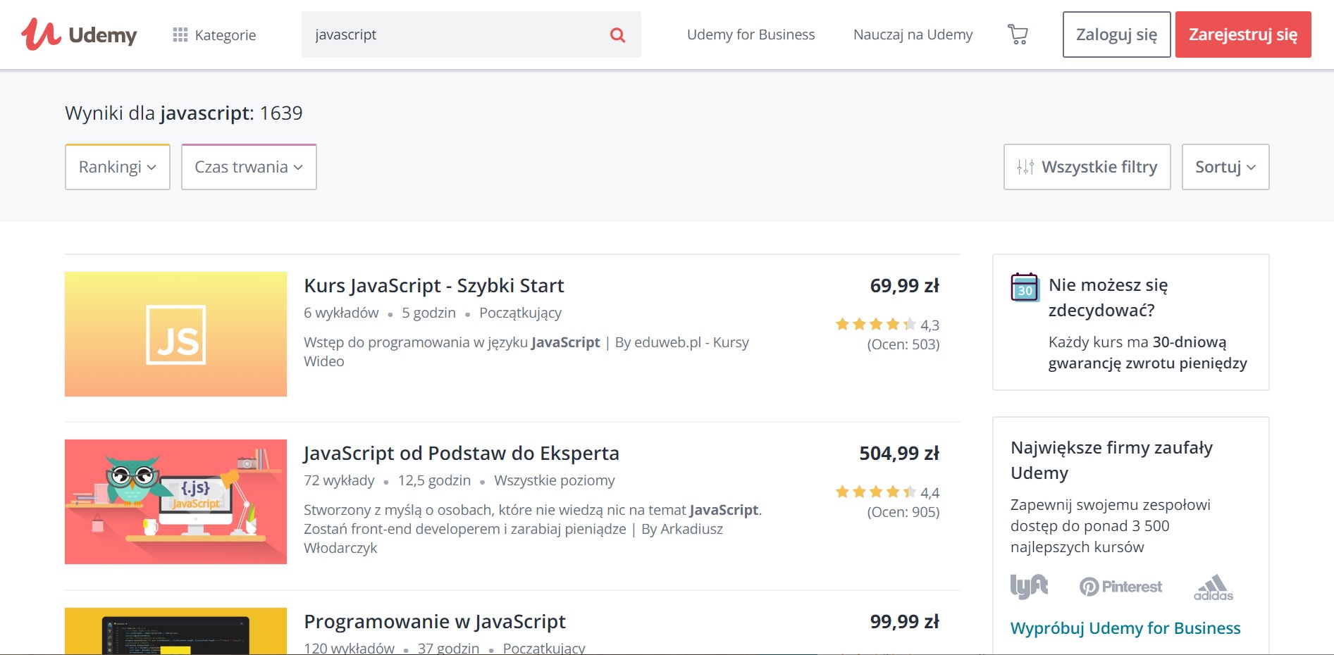 Udemy - lista kursów z JavaScript
